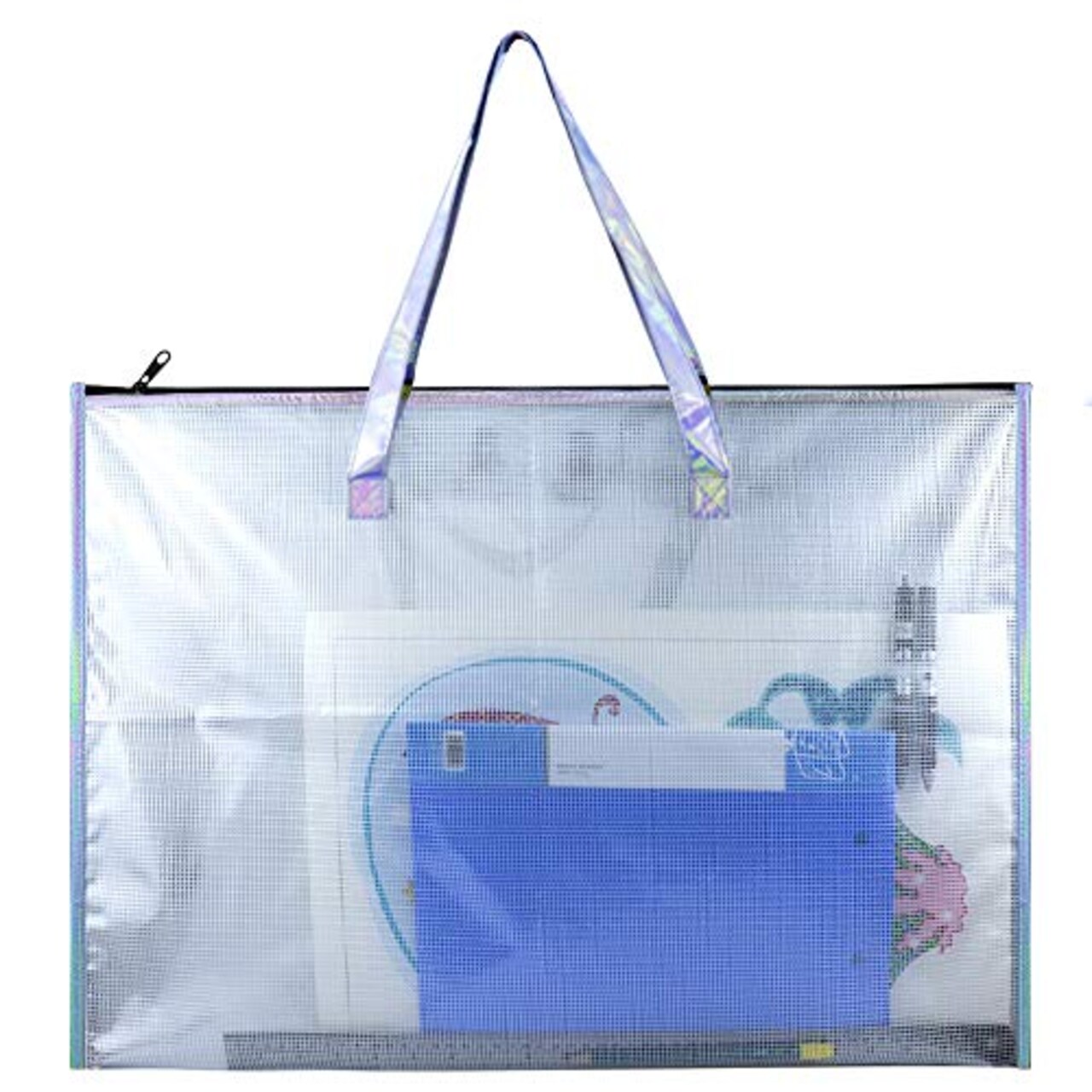 BUSOHA Large Clear Mesh Vinyl Bag with Handle and Zipper/Waterproof Art Storage  Bag for Artworks, Charts and Teaching Material Multipurpose -19 x 25 Inch